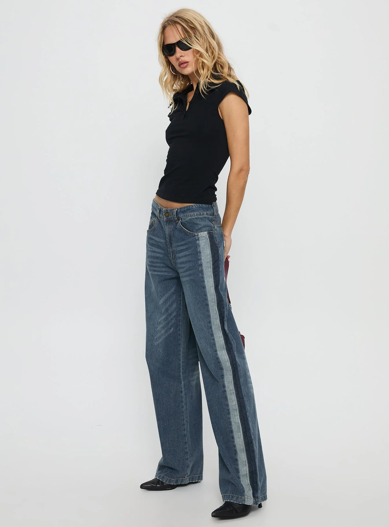 Born Again Mid Rise Straight Leg Contrast Detail Jeans Dark Blue - Image 4