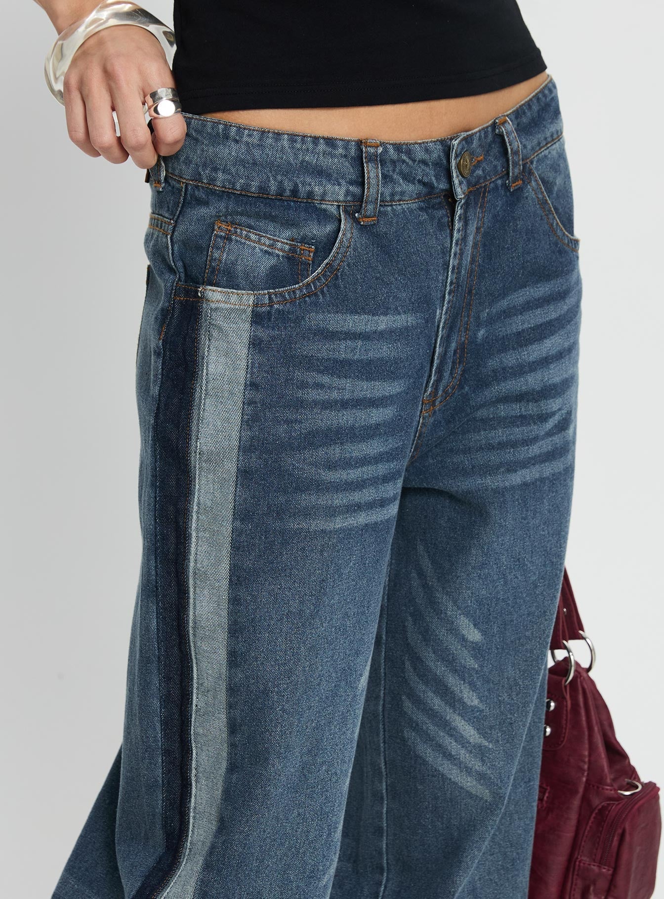 Born Again Mid Rise Straight Leg Contrast Detail Jeans Dark Blue - Image 6