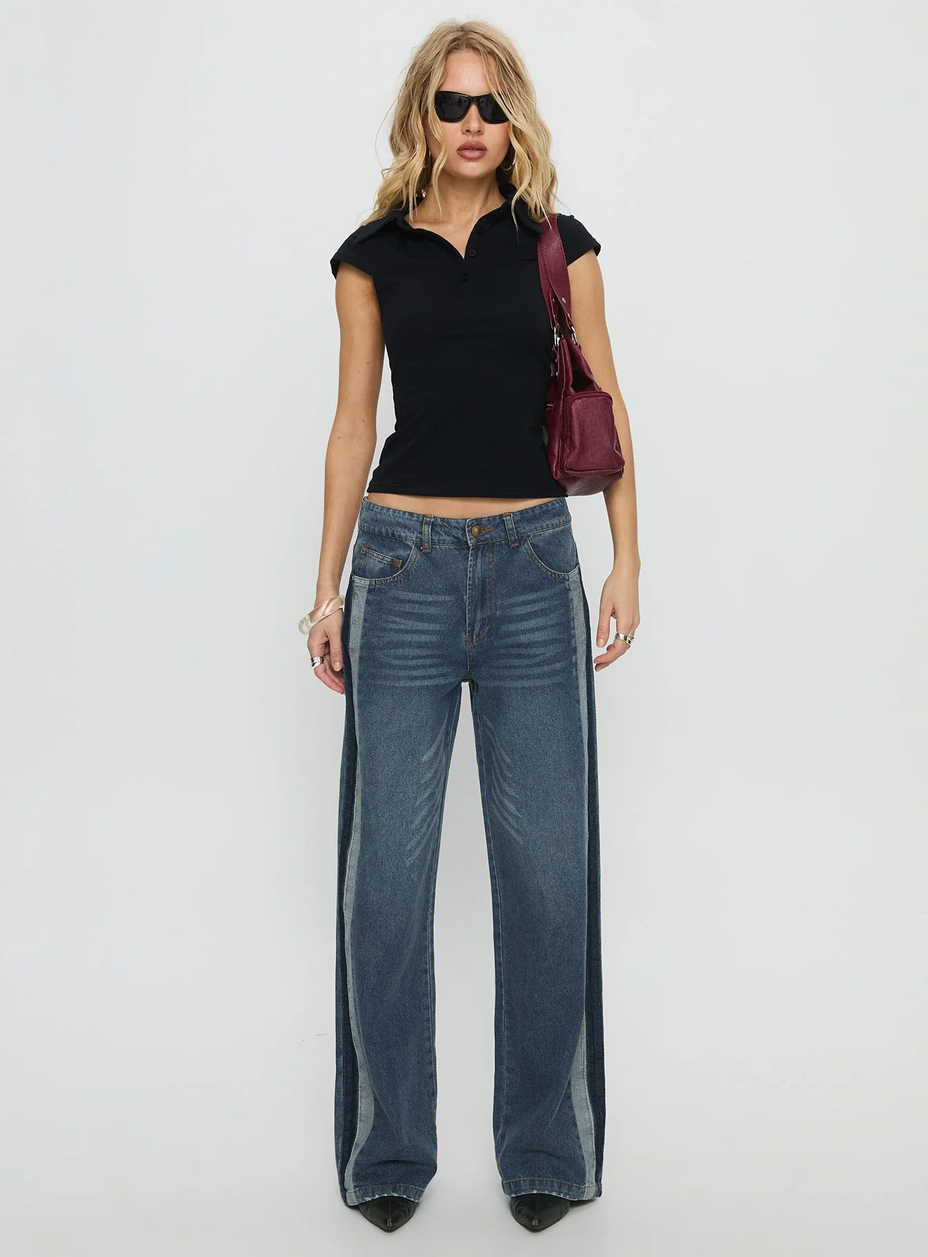 Born Again Mid Rise Straight Leg Contrast Detail Jeans Dark Blue - Image 7