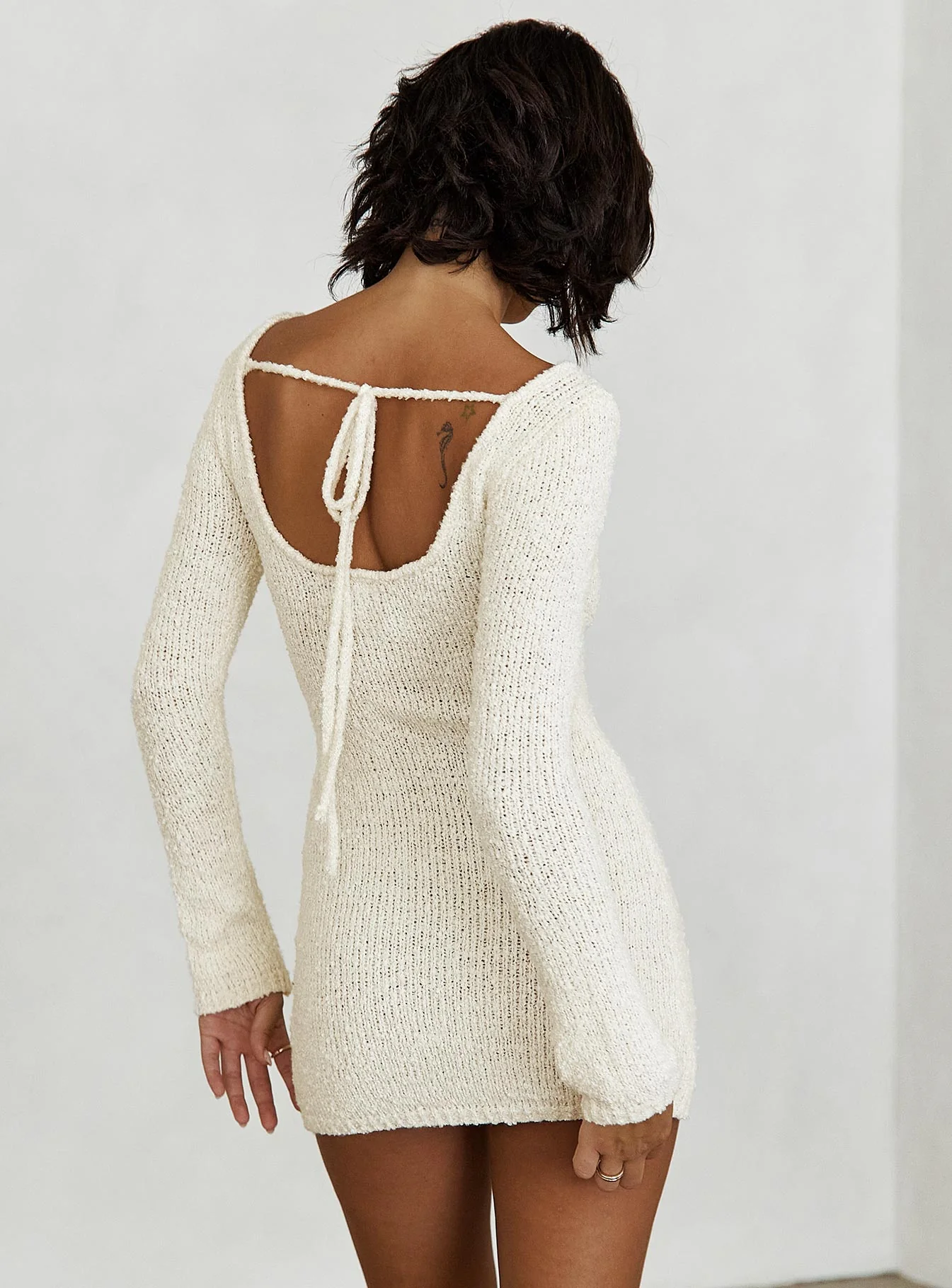 Cosy Up Long Sleeve Boucle Mini Dress Cream - Image 4