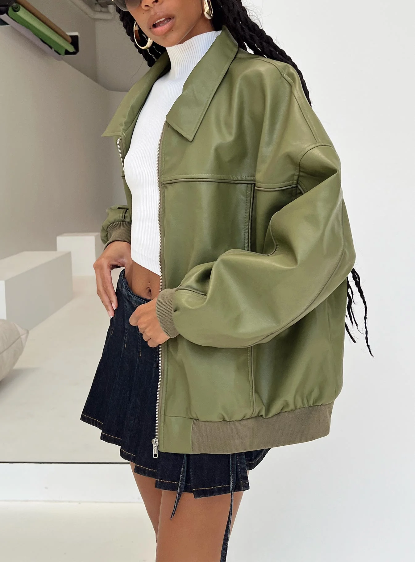 Goldsmith Faux Leather Bomber Jacket Green - Image 7