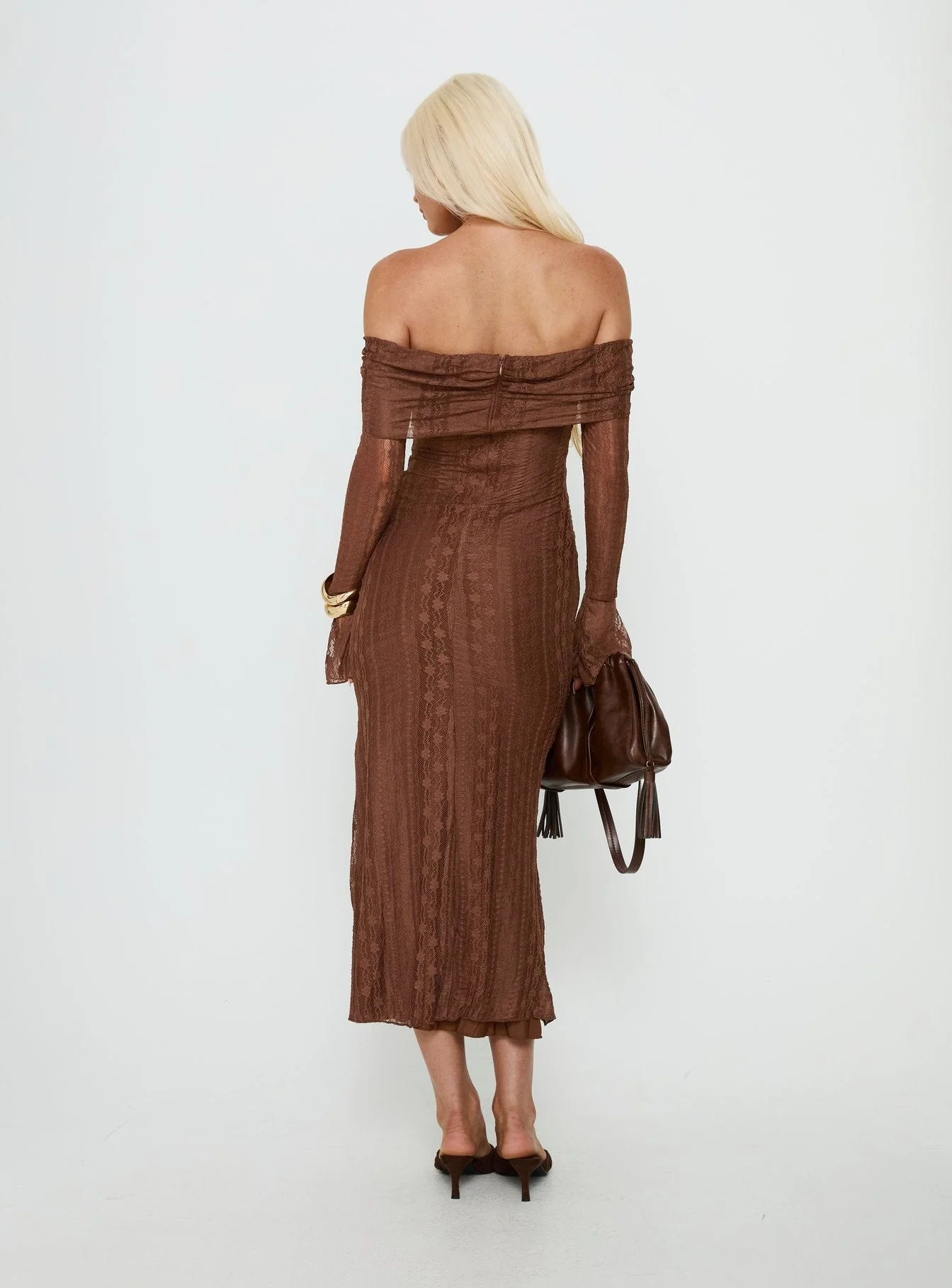 Perdita Long Sleeve Lace Maxi Dress Chocolate - Image 4