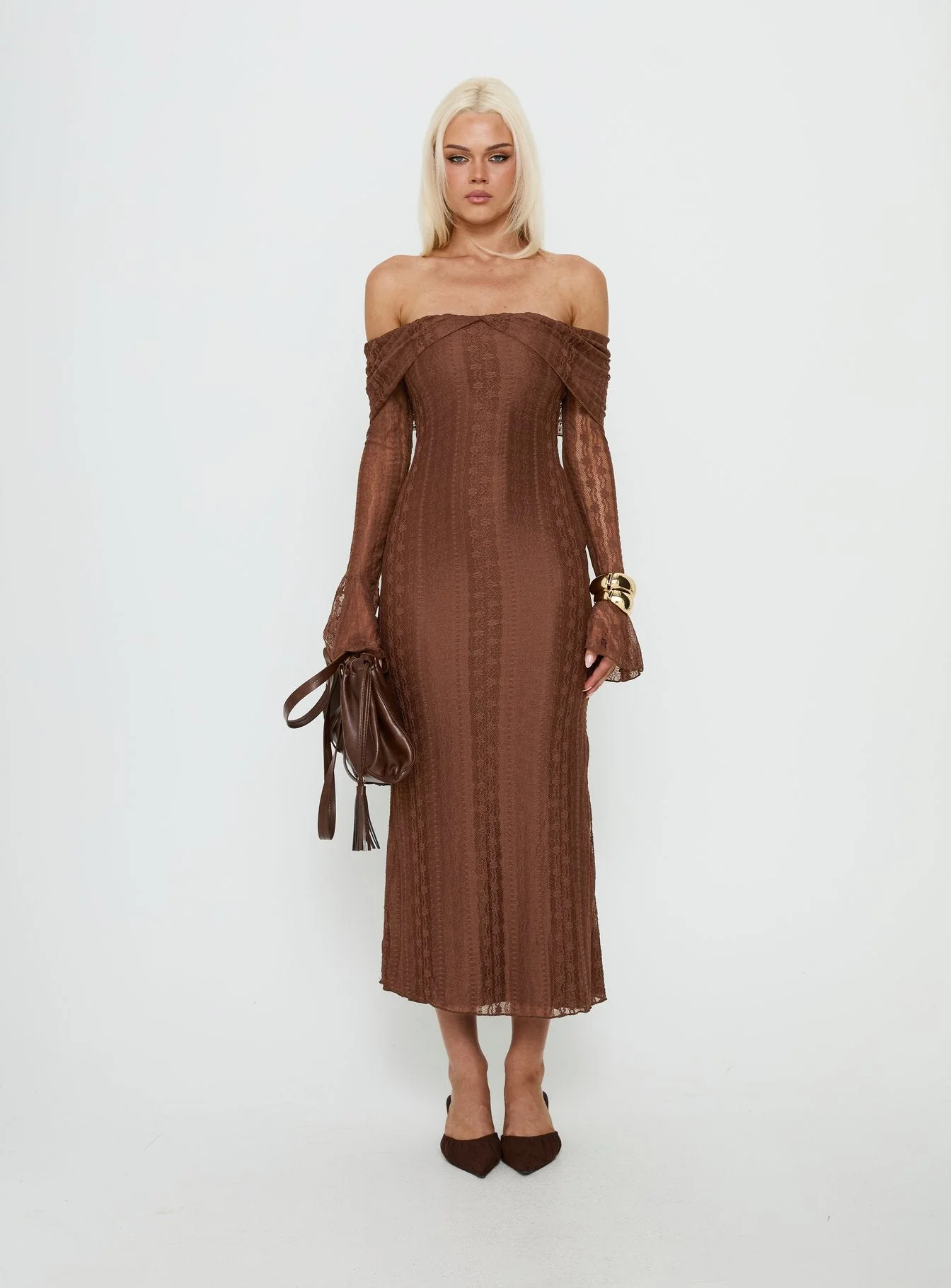 Perdita Long Sleeve Lace Maxi Dress Chocolate - Image 6