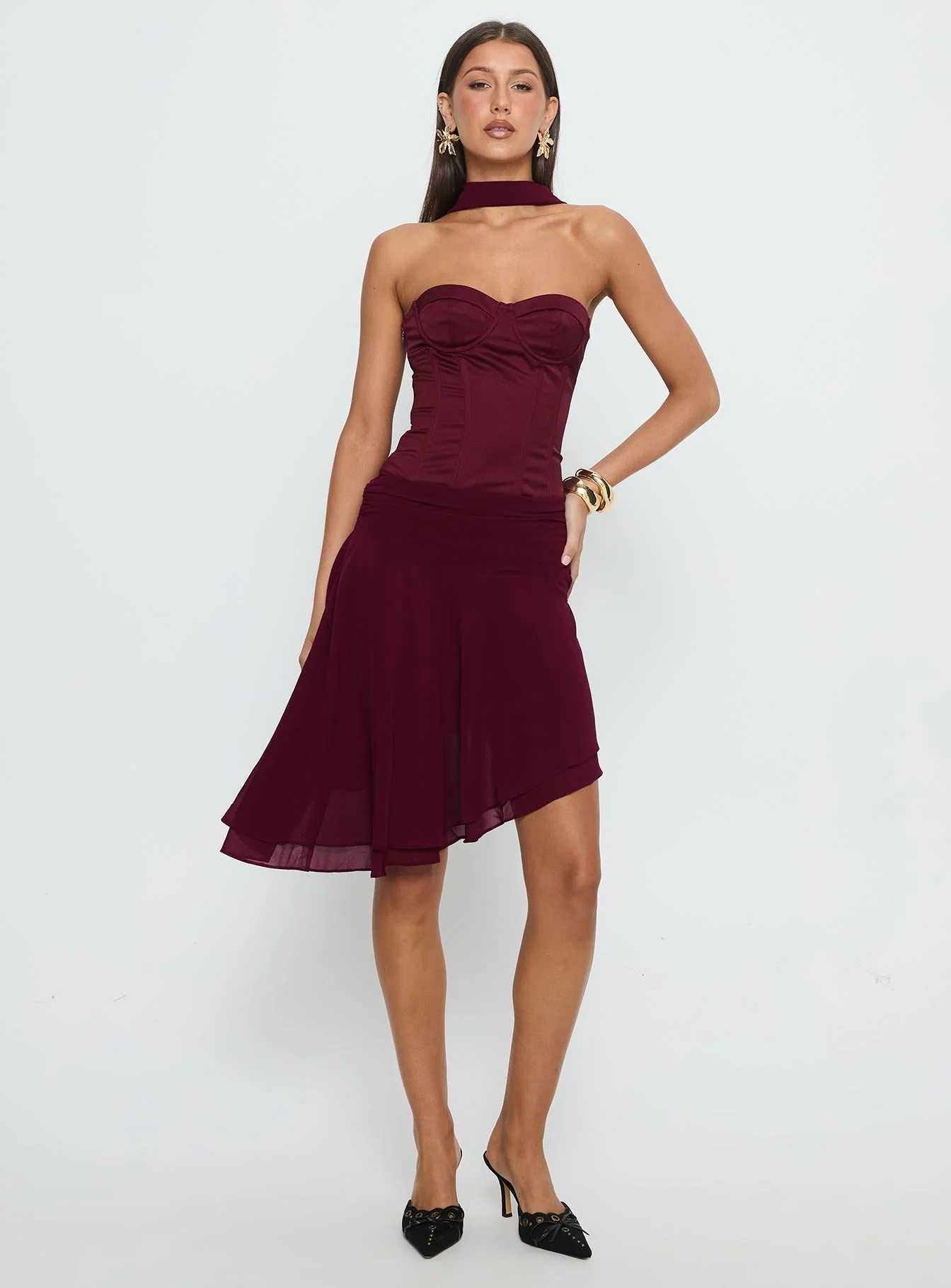Rhythms Scarf Detail Midi Dress Wine - Image 3