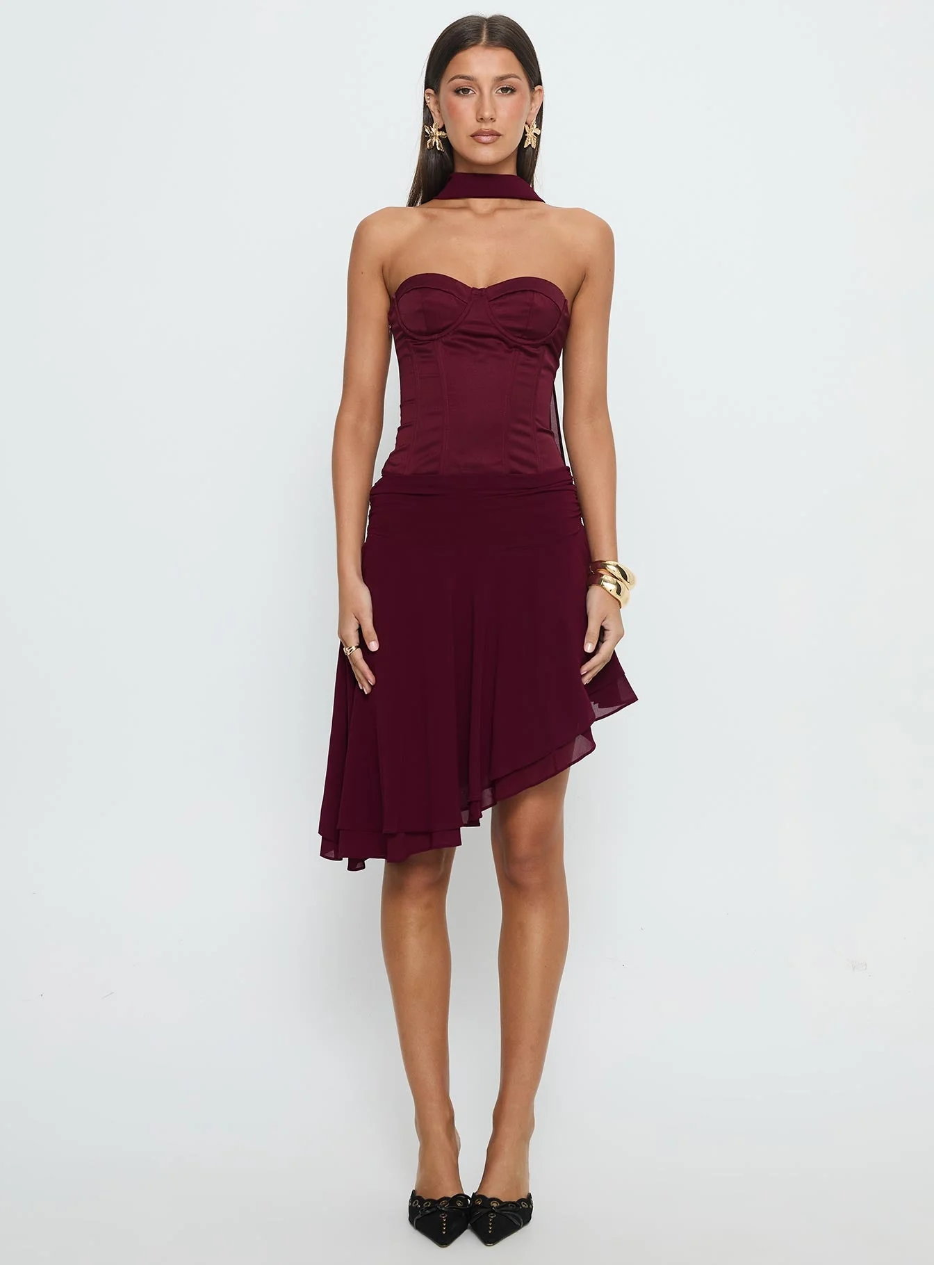 Rhythms Scarf Detail Midi Dress Wine - Image 7
