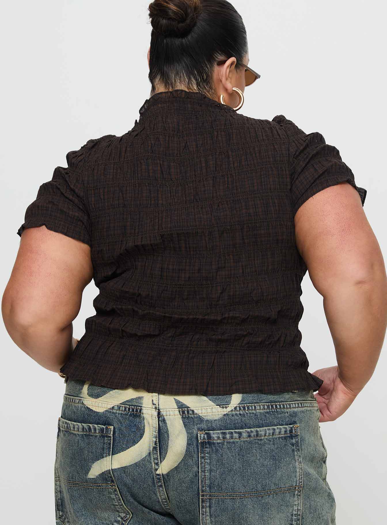 Romelle Shirred Top Black / Brown Plaid - Image 10
