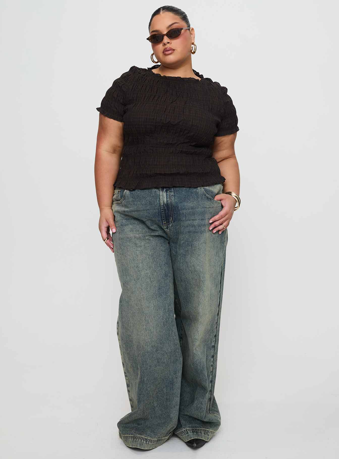 Romelle Shirred Top Black / Brown Plaid - Image 9